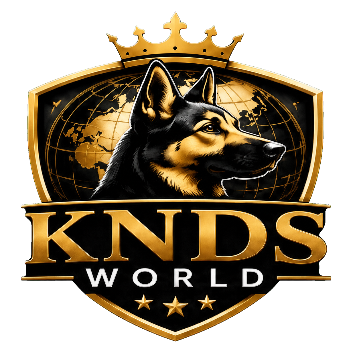 KNDS WORLD — crowned German Shepherd and globe logo